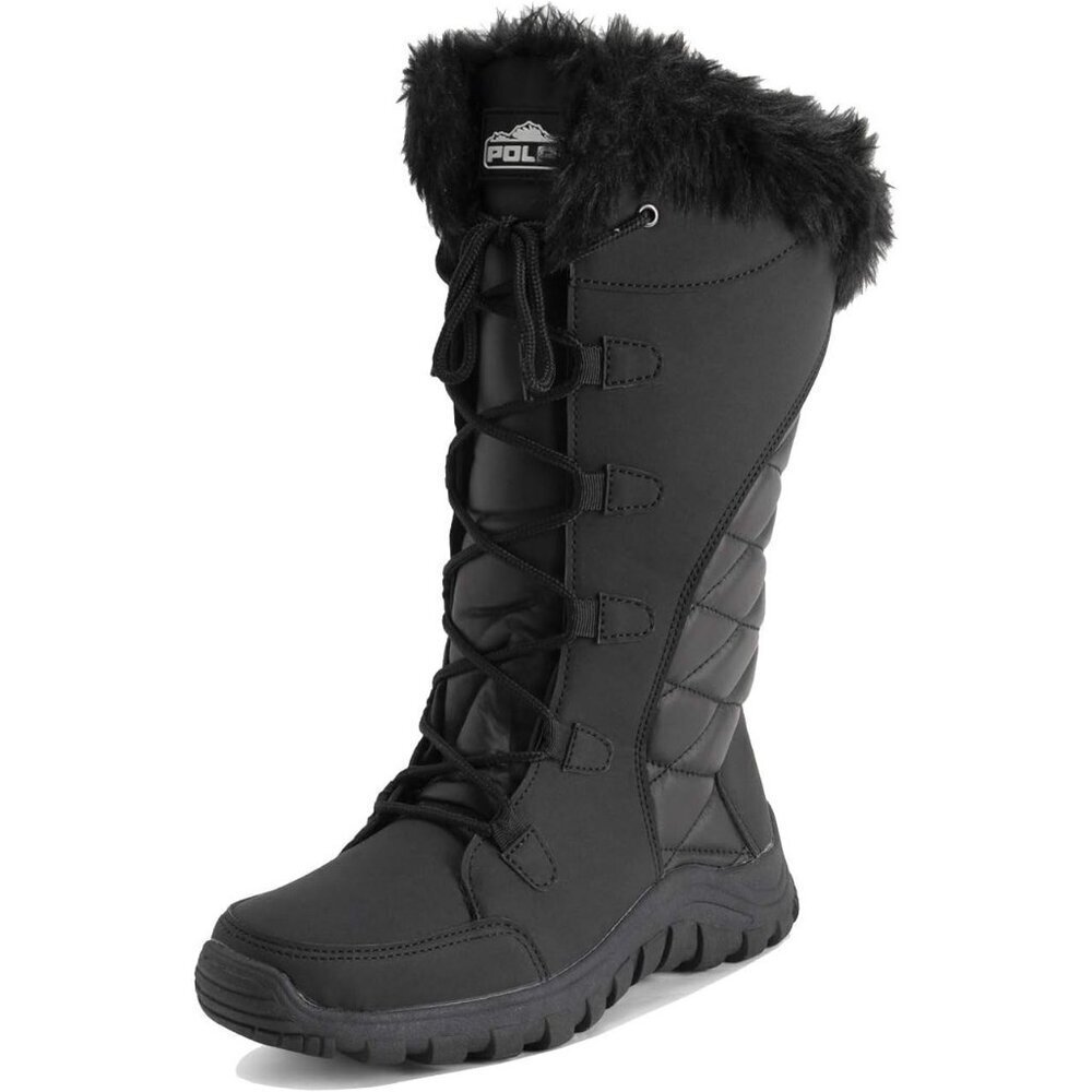 Women’s Black Quilted Faux Fur Cuff Winter Duck Boots Rubber Sole Snow